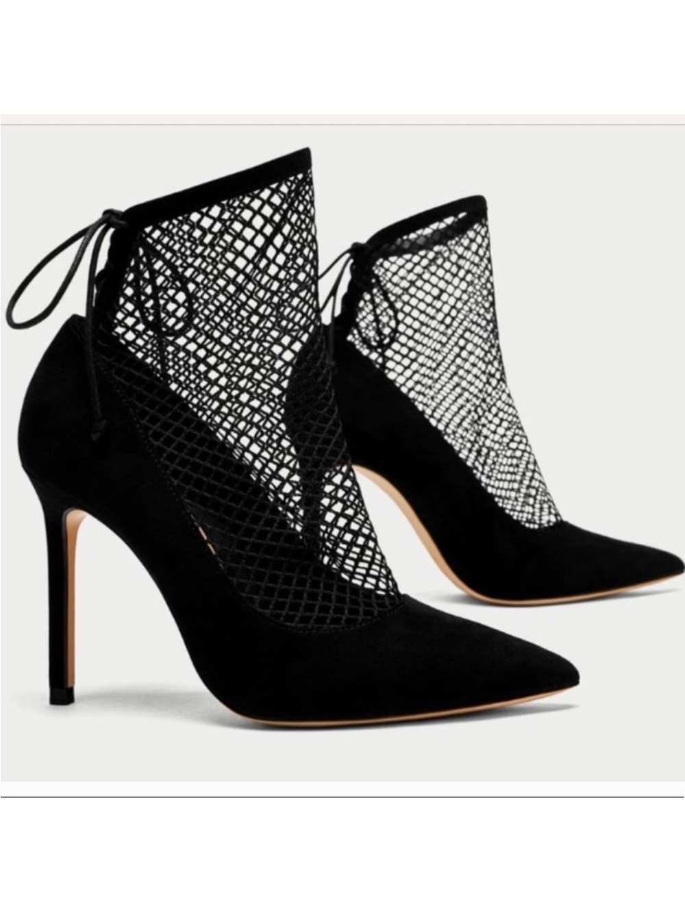 Zara Black Mesh Lace-Up Pointed-Toe Stiletto Heels